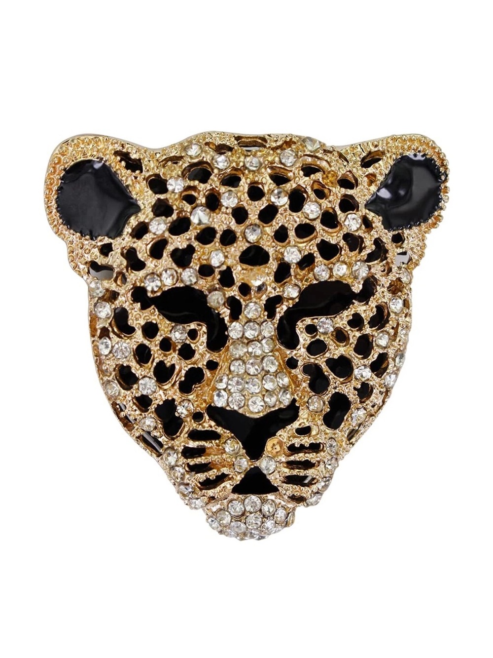 Fashion Jewelry Gold and Black Enamel Leopard Head Crystal Brooch Unisex